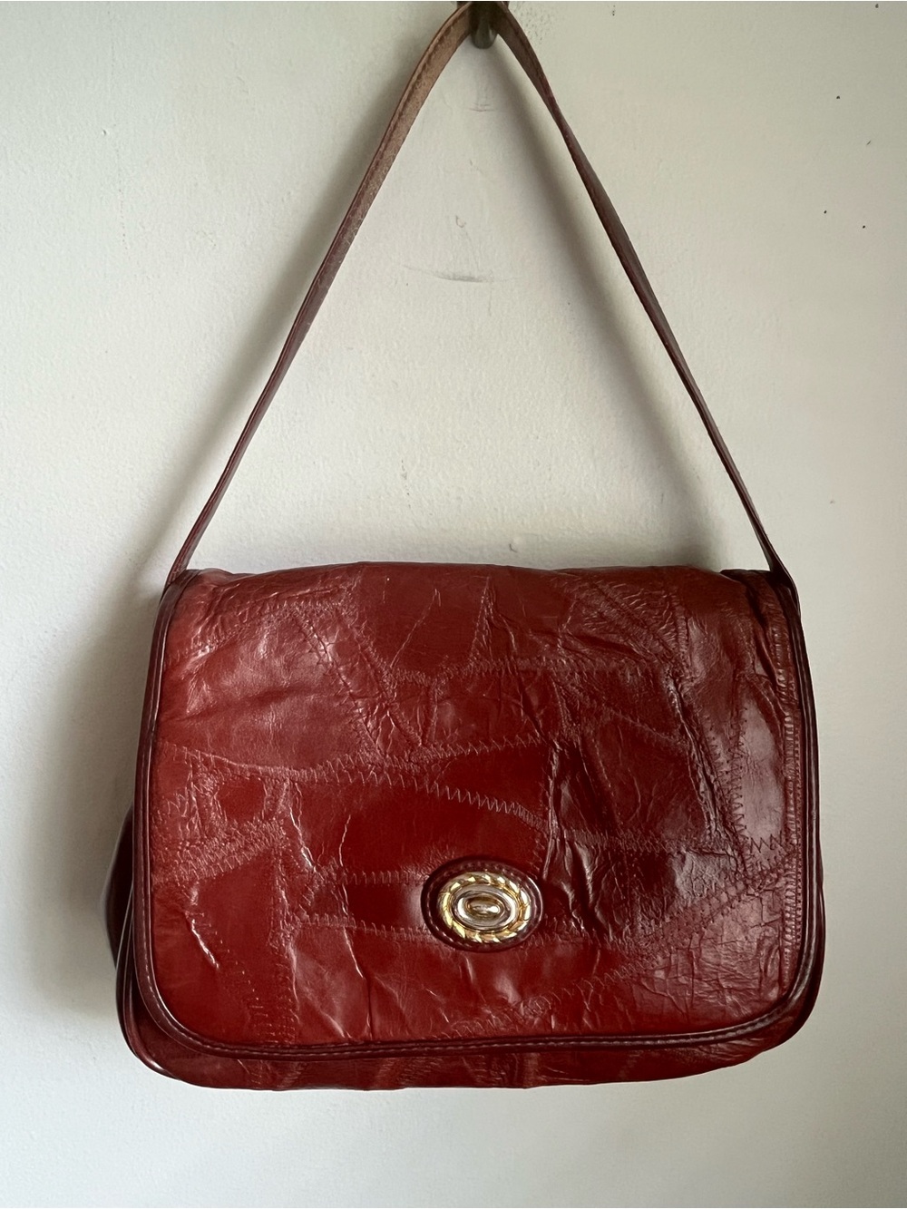 Vintage Cognac Brown Worn Leather Bag Purse Patchwork Shoulder Bag Hippie Boho